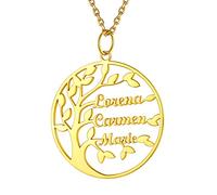 PROSILVER Collier Arbre de Vie Femme 3 Prénoms Personnalisés en Argent Plaqué Or, Chaîne Pendentif Rond Personnalisable 45cm
