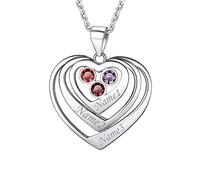 PROSILVER Collier Femme Argent Pendentif Coeur Personnalisé avec 3 Prénoms et Pierres de Naissance Chaîne 45cm/1.5mm - Cadeau Spécial pour 3 Famille/BFF/Soeur