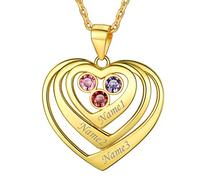 PROSILVER Collier Femme Argent Plaqué Or Pendentif Coeur Personnalisé avec 3 Prénoms et Pierres de Naissance Chaîne 45cm/1.5mm - Cadeau Spécial pour 3 Famille/BFF/Soeur