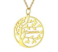 PROSILVER Femme Collier Arbre de Vie avec Prénom Personnalisable en Argent Plaqué Or, Pendentif Rond avec Chaîne 45+5cm