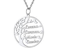 PROSILVER Femme Collier Argent Personnalisé 4 Prénoms Arbre de Vie, Chaîne Pendentif Cercle avec Noms Famille Personnalisable