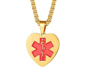 PROSTEEL Bijoux d'Identification Médical Personnalisé Collier Pendentif Coeur Plaqué Or avec Signe Star of Life Alerte SOS Aide Urgence Accessoire Tendance Doré pour Patients