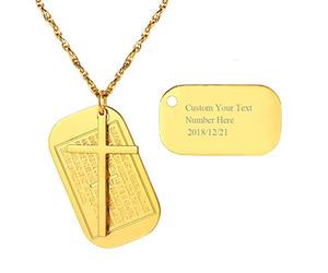 PROSTEEL Collier Homme Personnalisé Plaqué Or Chaîne Pendentif Plaque Croix Latine avec Gravure Verset de Bible Bijoux Personnalisable pour Garçon Cadeau Unique (Doré)