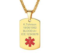 PROSTEEL Collier Homme Plaqué Or Chaîne 60cm + Pendentif Personnalisable Doré Plaque Personnalisé avec Signe Médical Alerte SOS d'Urgent Bijoux Accessoire Parfait pour Patients Spéciaux
