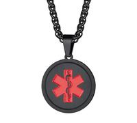 PROSTEEL Collier Médical ID Personnalisé Bijoux Unisexe Acier Noir Chaîne Pendentif Rond avec SOS Signe Alerte Étoile de Vie Aide Urgente Accessoire pour Patients Spéciaux