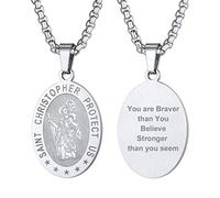 PROSTEEL Collier Saint Christophe Homme Acier Personnalisé Chaîne 55cm Pendentif Ovale avec Motif Christophe de Lycie Bijou Chrétien Cadeau Parfait