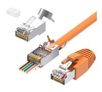 Proster Connecteurs RJ45 CAT7 Pass-Through Blindés - 10 Fiches Métalliques Plaquées Or + 10 Gaines Orange, Connecteurs Réseau 10 Gbps pour Câbles CAT7 Blindés 23-26 AWG (PoE, Anti-Interférence)