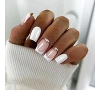 Prosy 24pcs French Medium Square Crystal Press Nails Nude Flower gloss faux ongles Acrylique Art ensemble complet de faux ongles sticky Nails pour femmes et filles (B)