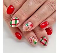 Prosy 24pcs Noël ongles courts ovales faux ongles Red Elk forêt flocon de neige crutch faux ongles bonhomme de neige femmes et filles presser les ongles (D)