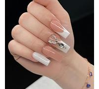 Prosy Lot de 24 faux ongles en forme de cercueil en cristal français - Ballerine brillante - Faux ongles en acrylique à presser pour femmes et filles (B)