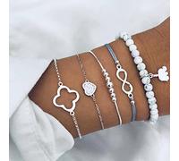 Prosy Multicouche Chanceux 8 Bracelets Ensemble Argent Perle Fantaisie Éléphant Coeur Marbre Main Accessoires Réglable Bijoux pour Femmes et Filles