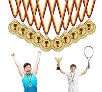 prota Lot de 12 médaille avec gravure - Motif trophée - Médaille d'or avec gravure en métal pour enfants et adultes - Avec rubans noirs et rouges dorés