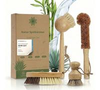 PROTEA Lot de 4 brosses à vaisselle avec têtes de rechange - Brosse à vaisselle durable - Réutilisable - En bambou et fibre naturelle - Brosses interchangeables - Poils naturels