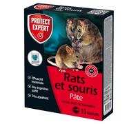 Protect Expert Anti Rats et Souris - Efficacité Radicale - Lieux secs & humides - 15 Sachets pâtes - 150g - Prêt à l'emploi - Une Ingestion Suffit- Très Appétent RASOU150N