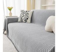 Protecteur Canapé Chat, 4 Places Chenille Motif de Lignes circulaires de Couleur Unie avec Pompon Court Universel Couverture pour Canapé, Gris, 180x420cm
