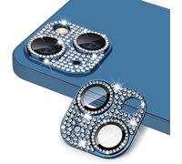 Protecteur De Lentille Caméra Compatible Iphone 14 / 14 Plus - Verre Trempé Hd 9h Anti-Rayures, Cadre En Alliage D'aluminium Avec Strass Bleu, Anneau Flash Nocturne, Installation Facile