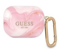 Guess Coque AirPods Pro New Marble – Silicone rigide anti-choc avec mousqueton – Rose champagne