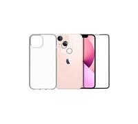 Protection intégrale Verre Trempé pour iPhone 13 Mini + Verre Trempé Caméra Arrière + Coque souple silicone transparente --