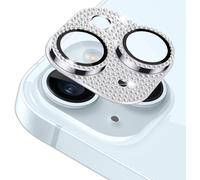 Protection objectif caméra pour iPhone 15 / 15 Plus ¿ Cadre aluminium + verre trempé 9H HD anti-rayures, strass scintillants et anneau lumineux flash ¿ Argent