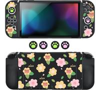 Protective Case for Switch OLED,Shockproof Soft Handle Cover Dockable Protective Console Accessories with 2 Joycon Covers and 4 Thumb Thumb Caps,Black Flower Bear