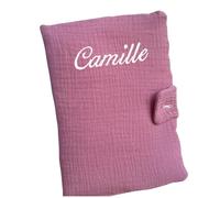 Protège Carnet de Santé Personnalisé - Broderie au prénom - Gaze de coton douce - Format A5 - 3 coloris - Housse bébé/enfant - Idée cadeau de naissance (Rose)