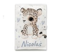 Protège carnet de santé personnalisé - Fermeture pratique à pression, Personnalisable avec texte et cœurs, Flanelle douce et résistante (Léopard)