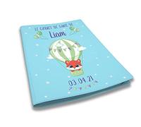 Protège carnet de santé personnalisé, idée cadeau personnalisable bébé, cadeau naissance original, Couverture Renard Montgolfière Plusieurs couleurs disponibles - CL0008c (Bleu Ciel)