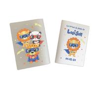 Protège carnet de santé personnalisé, idée cadeau personnalisable bébé, cadeau naissance original, Couverture Lion Super Héros - CL0009a (Nacré Perle)