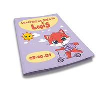 Protège carnet de santé personnalisé, idée cadeau personnalisable bébé, cadeau naissance original, Couverture Mauve Renard Trottinette - CL0008b