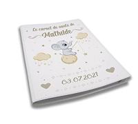 Protège carnet de santé personnalisé, idée cadeau personnalisable bébé, cadeau naissance original, Couverture Éléphant Lune - CL 0007a (Blanc)