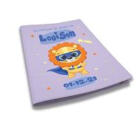 Protège carnet de santé personnalisé, idée cadeau personnalisable bébé, cadeau naissance original, Couverture Mauve Lion Super Héros - CL0009a