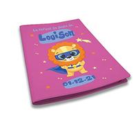 Protège carnet de santé personnalisé, idée cadeau personnalisable bébé, cadeau naissance original, Couverture Fuchsia Lion Super Héros - CL0009a