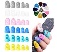 Protège-doigts de guitare en silicone avec médiators, 30 protection antidérapants pour le bout des doigts, 20 médiators de guitare colorés mélangés, 5 tailles protège-doigts pour instrument