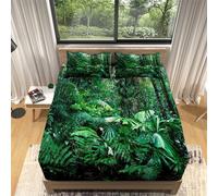 Protege Matelas 160x200 Forêt Tropicale et Vert Drap Housse Imprimé Tissu Microfibre Doux pour Matelas épais jusqu'à 30 cm de Haut avec 2 Taies d'oreiller 65x65cm