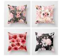 Protège Oreiller Plantes Noires Roses Taie d'oreiller Tissu de Lin Housse de Coussin Durable Housse Coussin Canapé Lavable Coussins Décoratifs Salon avec Fermeture Éclair 80x80cm/Lot de 4