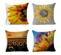 Protège Oreiller Tournesol Bleu Orange Taie d'oreiller Tissu de Lin Housse de Coussin Durable Housse Coussin Canapé Lavable Coussins Décoratifs Salon avec Fermeture Éclair 80x80cm/Lot de 4