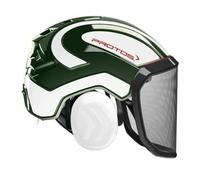 PROTOS Integral Forest Casque de protection EN 397 avec visière F39 - Casque forestier intégré avec protection du visage et des oreilles - Rembourrage KlimaAIR - Olive/blanc reflex