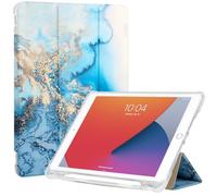 ProtUTab Étui Fin à Trois Volets avec Support pour iPad 10.2 (2021/2020/2019) et iPad 7e/8e/9e génération avec Porte-Crayon, réveil et Mise en Veille automatiques, TPU léger, marbre Bleu
