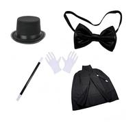 Proumhang 5 Pièces Costume de Magicien pour Enfants,avec Chapeau Haut de Forme,Cape,Baguette Magique et Gants Blancs pour le Spectacle de tours de Magie et le Costume d'Halloween Carnaval