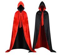 Proumhang Cape à Capuchon Velours Réversible Couche Double Adulte Unisexe Déguisement Halloween Noël Carnaval Costume Noir + Rouge 170cm