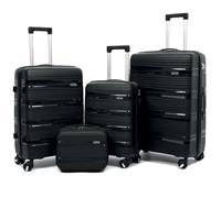 PROVITERA Lot de 4 valises rigides avec étui de beauté en polypropylène ultra résistant aux chocs, poignée télescopique et roues Easy Roll, serrure de code renforcée et design moderne, Métal noir