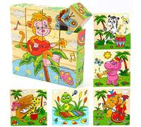 PROW® 100% Bois Cube Puzzles Jigsaw 16 Pcs Blocs de Construction 6 en 1 Animaux Instruments de Musique Sûr et sans Peinture Jouet Non-Toxique pour Les Bébés Bambins