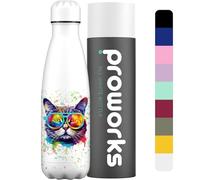 PROWORKS Bouteille d'eau Isotherme, sans BPA, réutilisable en Acier Inoxydable, Chaude Pendant 12 Heures et Froide jusqu'à 24 Heures, Sport, Salle de Sport, 500ml, éclaboussures de Peinture, Chat