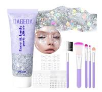 Prreal Paillettes holographiques corps&visage, kit tatouages+pinceau,05 | Paillettes visage avec pierres de festival,tatouages et pinceau, paillettes sirène brillantes pour yeux, tenues rave,Argenté