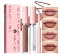 Prrreal Lot de 3 rouges à lèvres liquides mats, liner à lèvres, huile à lèvres pailletée, nude nude, kit de maquillage 3 en 1, finition brillante et mate, rouge à lèvres liquide mat durable et crayon