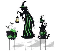 Prsildan Décorations d'Halloween d'extérieur - Lot de 3 piquets de sorcière en métal avec lanterne solaire et chaudron phosphorescent + pierre tombale, silhouette de sorcière éclairée pour porche