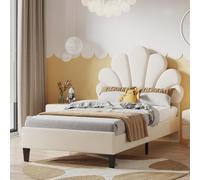PRTECY Cadre de lit rembourré en Velours avec tête de lit à Motif Floral, Support à Lattes en Bois, 90 x 200 cm, Pas Besoin de sommier tapissier(sans Matelas) (Beige, 90 x 200 cm)