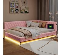 PRTECY Canapé lit 140x200 Lit Banquette 2 Places avec LED et Chargement USB et Type-C Lits Canapé lit Double avec Sommier à Lattes(sans Matelas) (Rose, 140 x 200 cm)