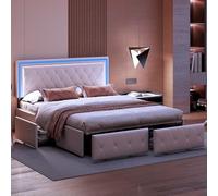 PRTECY Lit 140x200cm avec LED tête de lit relevable Lits Double rembourré avec 4 tiroirs Lits Double avec à Lattes Lit 2 Personnes (sans Matelas) (A Blanc 140 x 200 cm)