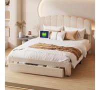 PRTECY Lit Capitonné 140 x 200 cm Lit Double rembourré avec Tiroir de Rangement et Tête Réglable en Hauteur lit 2 Personnes avec Prise USB et Type C pour Adultes et Adolescents(sans Matelas)(Beige B)